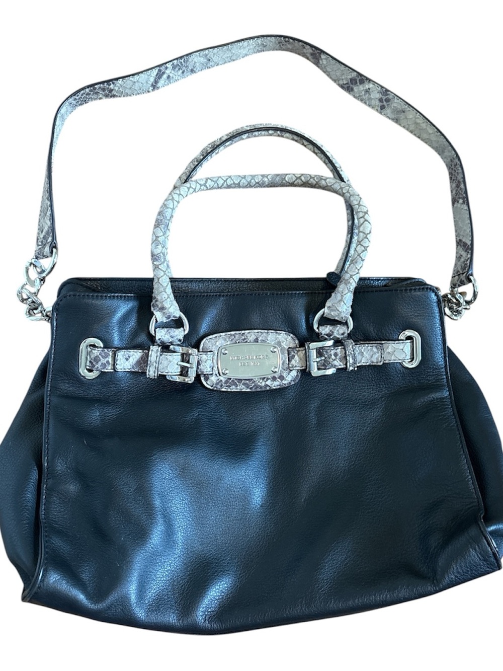 Michael Kors Black Leather Satchel with Snake‑Print Handles silver hardware